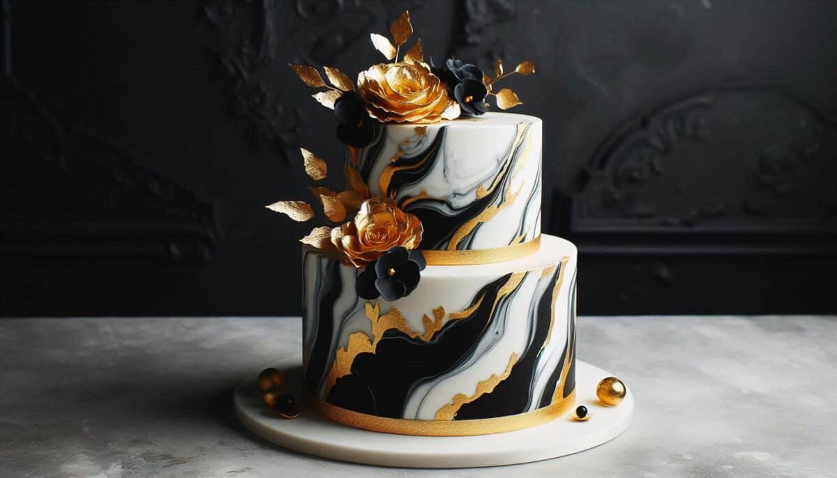 White black and gold swirl marble wedding cake with floral touch