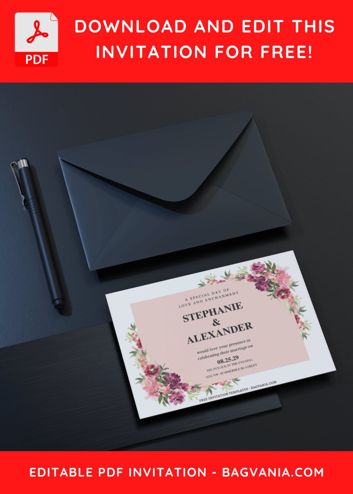 (Free Editable PDF) Botanical Floral Frame Wedding Invitation Templates C