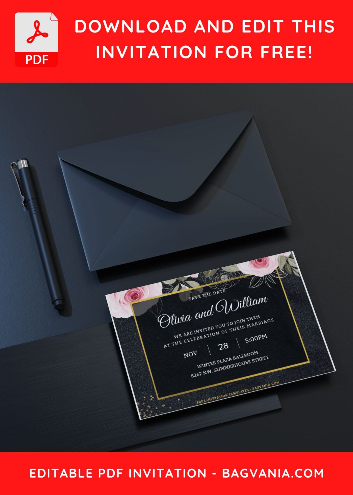 (Free Editable PDF) Classy Glitter Gold & Botanical Peony Wedding Invitation Templates G