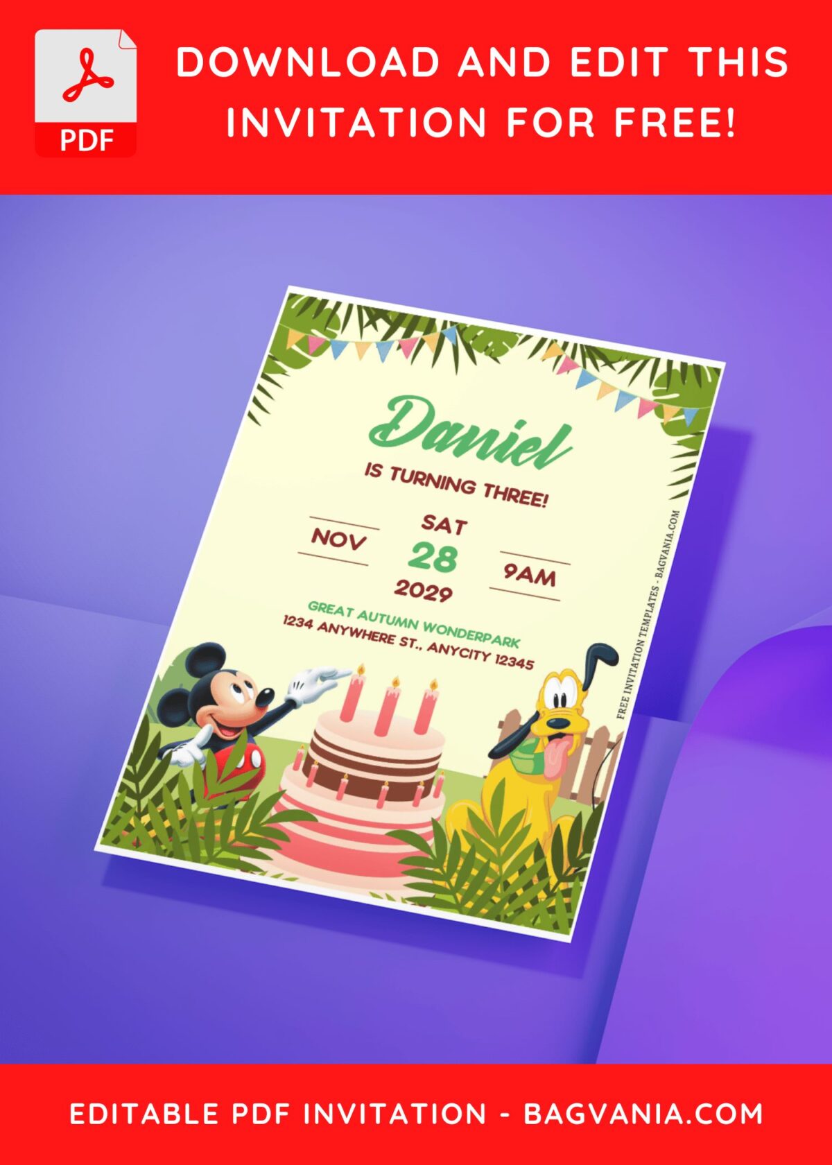 (Free Editable PDF) Mickey Mouse Jungle Surprise Birthday Invitation Templates G