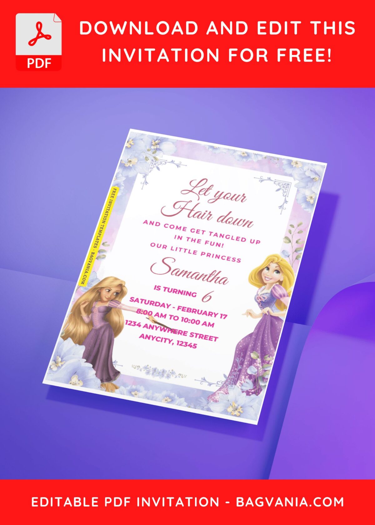 (Free Editable PDF) Disney Tangled Rapunzel Birthday Invitation Templates G