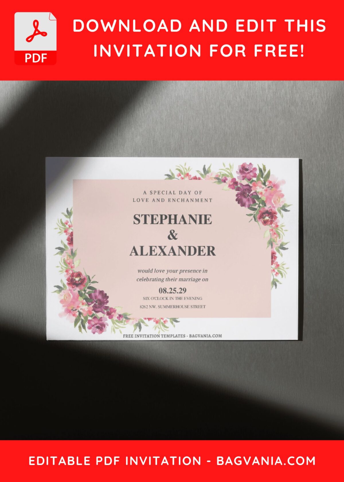 (Free Editable PDF) Botanical Floral Frame Wedding Invitation Templates D