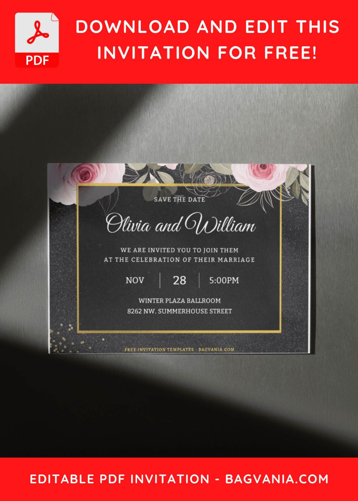 (Free Editable PDF) Classy Glitter Gold & Botanical Peony Wedding Invitation Templates H