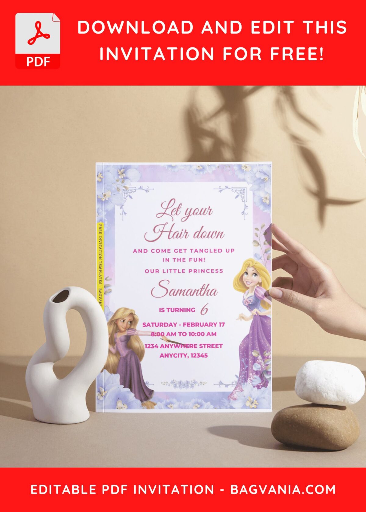(Free Editable PDF) Disney Tangled Rapunzel Birthday Invitation Templates H
