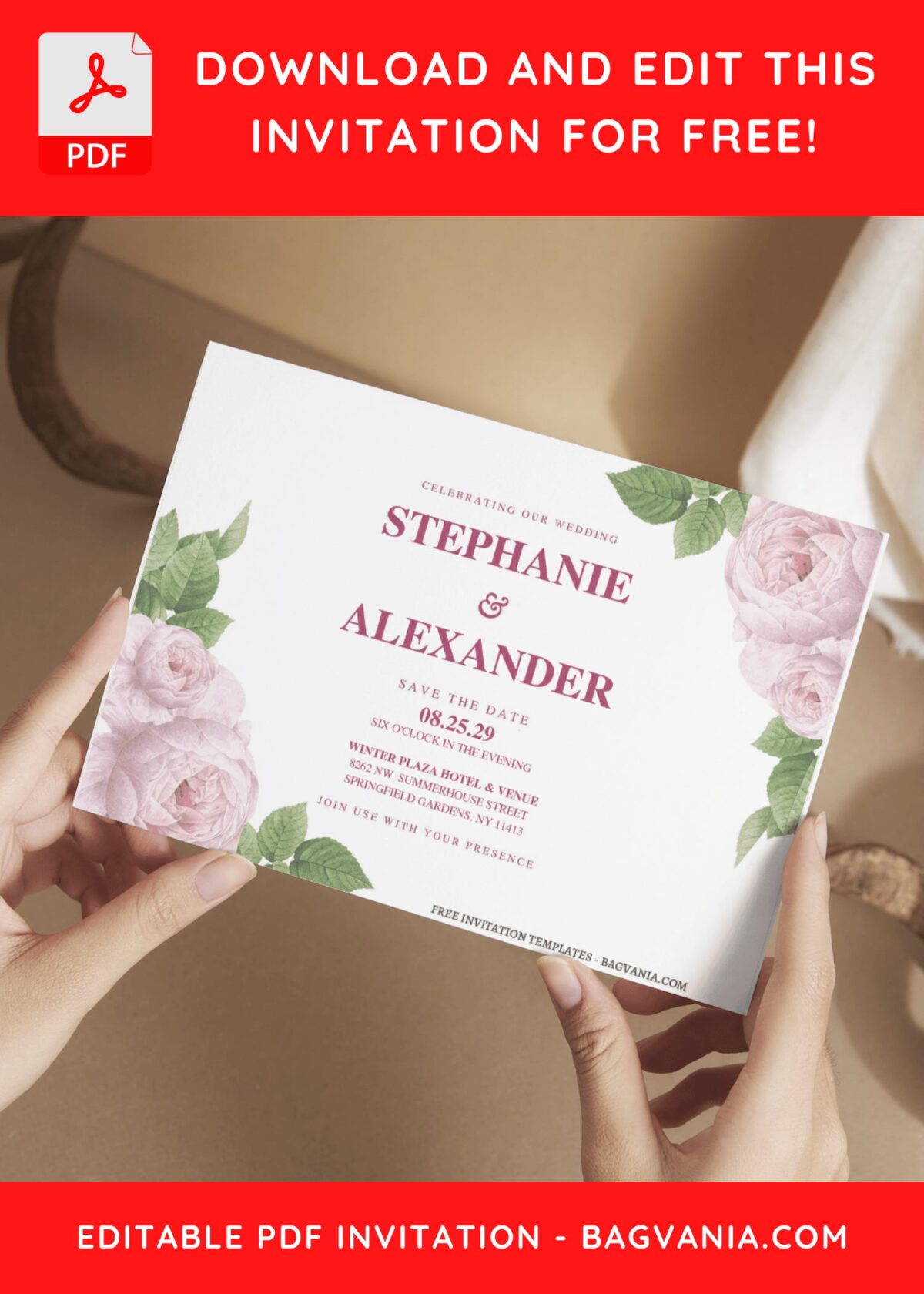(Free Editable PDF) Exquisite Watercolor Rose & Peony Wedding Invitation Templates E