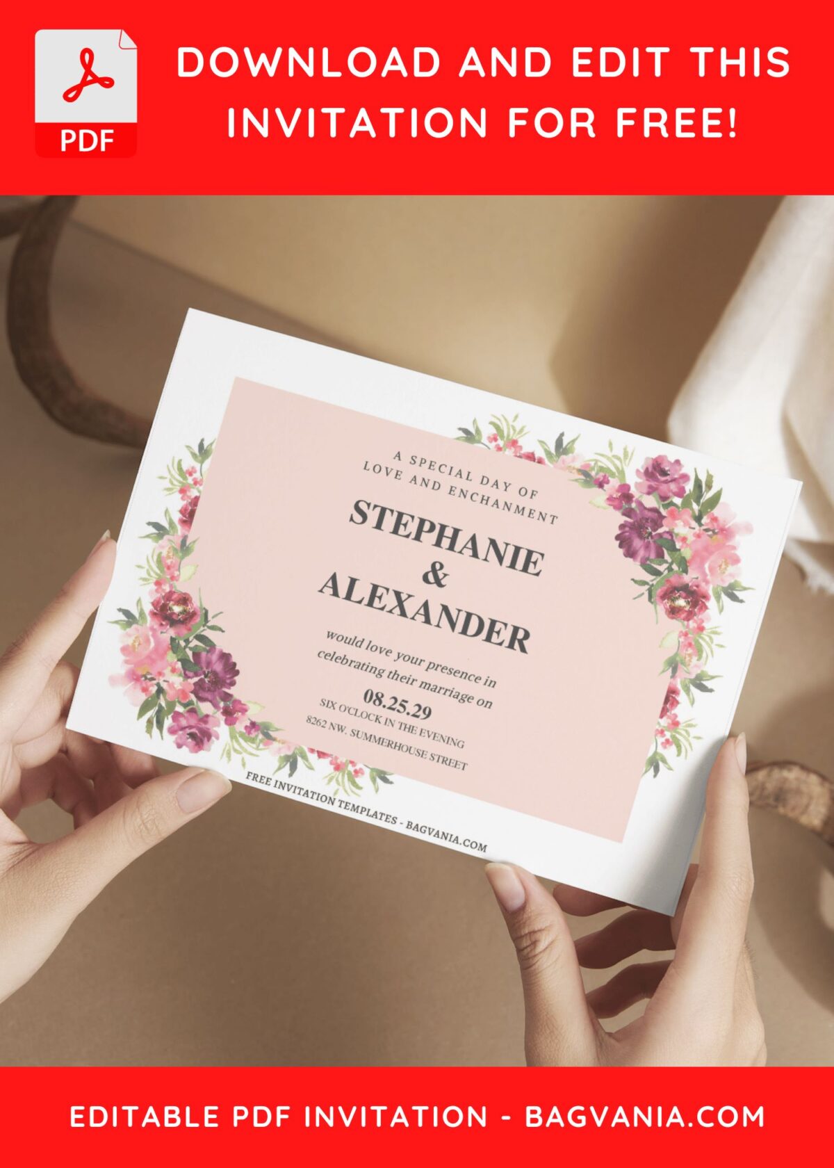 (Free Editable PDF) Botanical Floral Frame Wedding Invitation Templates E