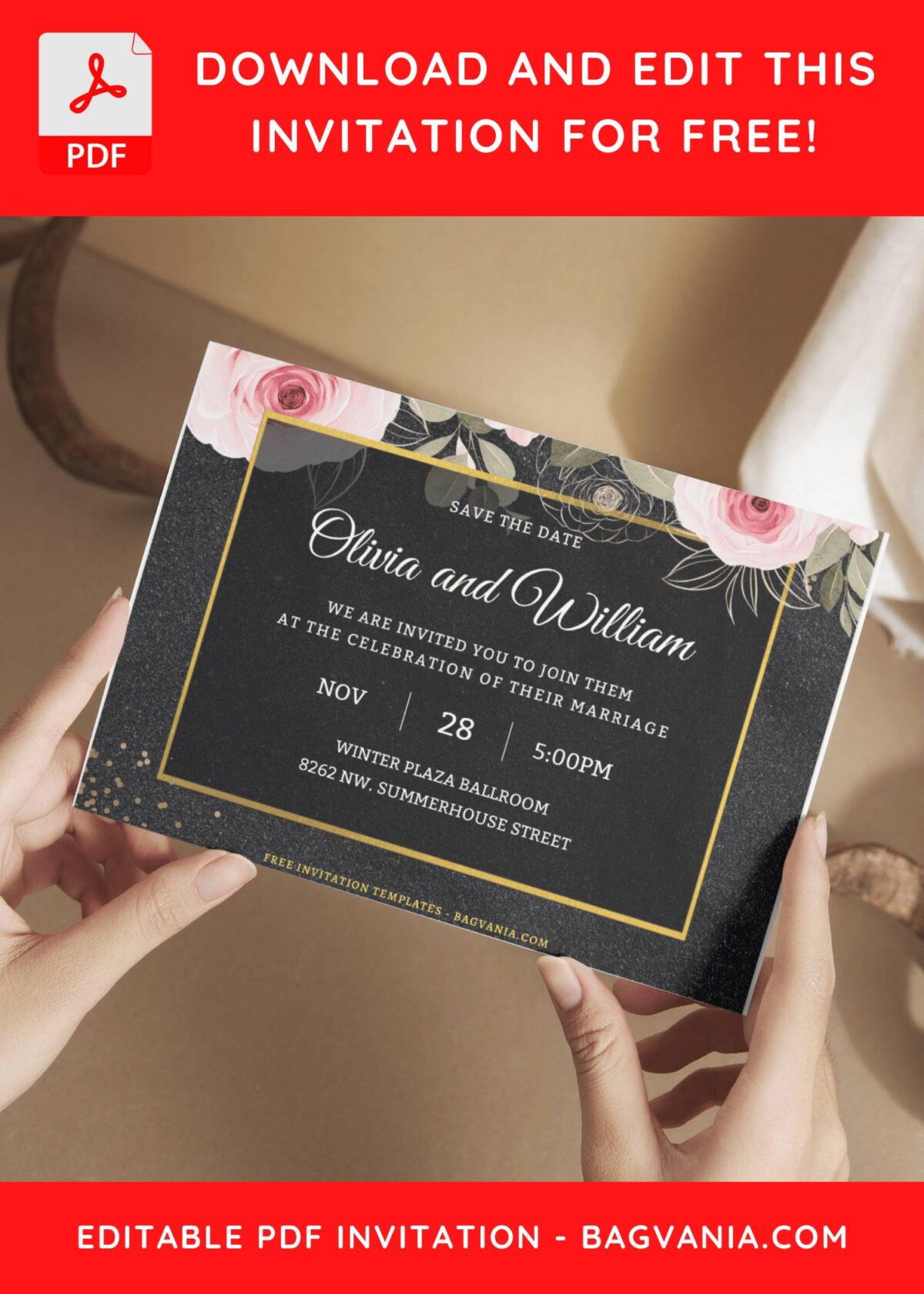 (Free Editable PDF) Classy Glitter Gold & Botanical Peony Wedding Invitation Templates I