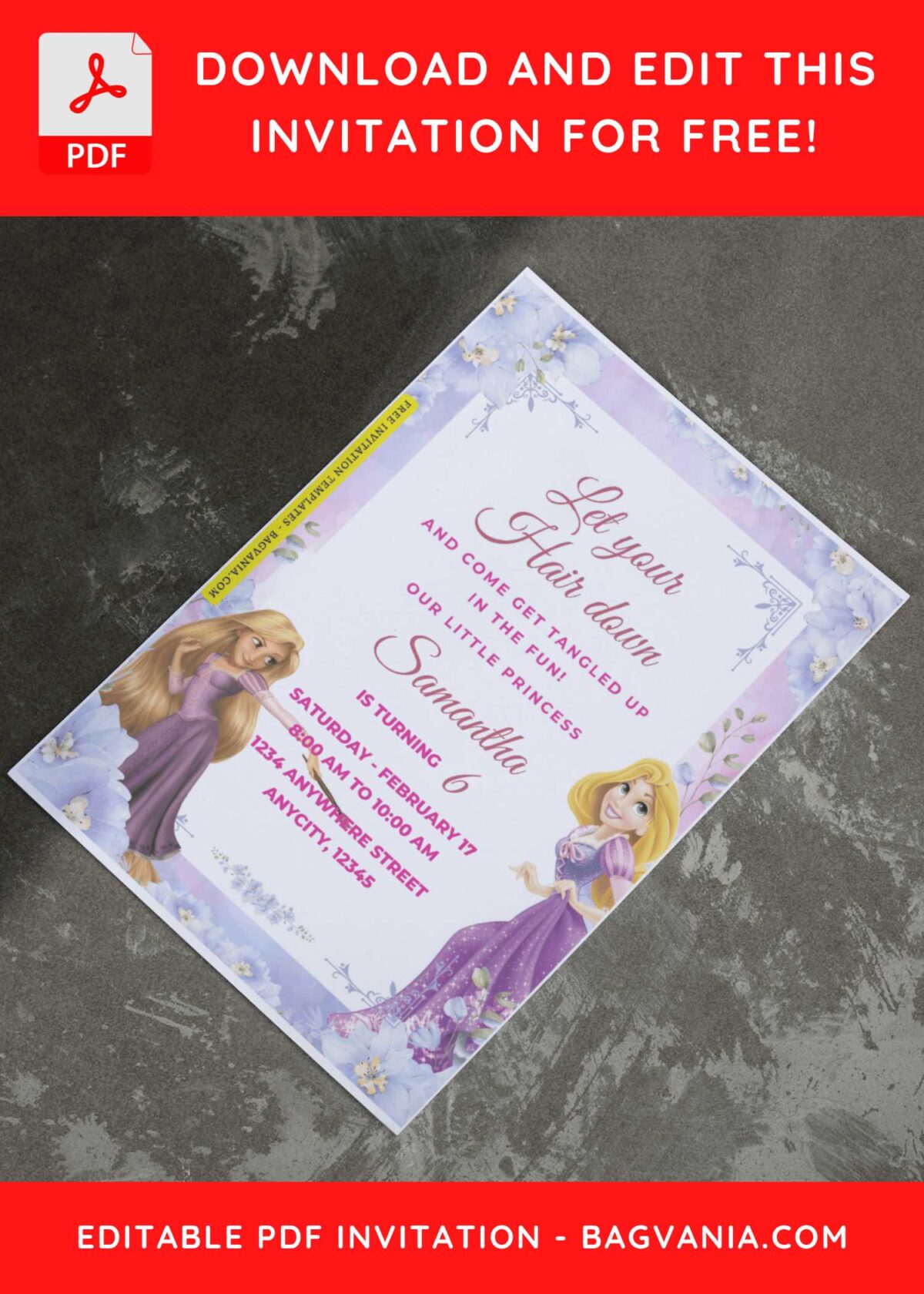 (Free Editable PDF) Disney Tangled Rapunzel Birthday Invitation Templates I