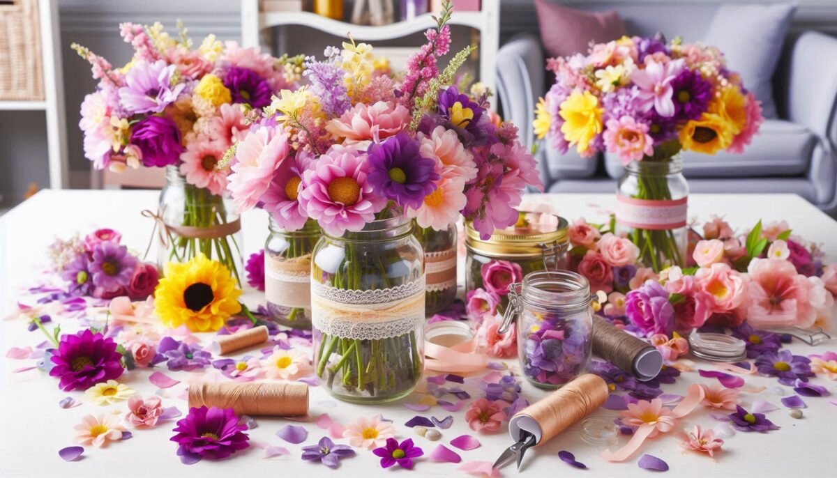 Beautiful Sunflower, Daisy, Peony and Rose Flower in clear mason jar