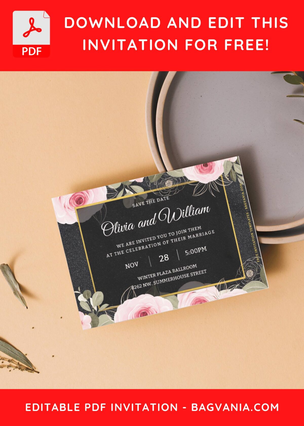 (Free Editable PDF) Classy Glitter Gold & Botanical Peony Wedding Invitation Templates J