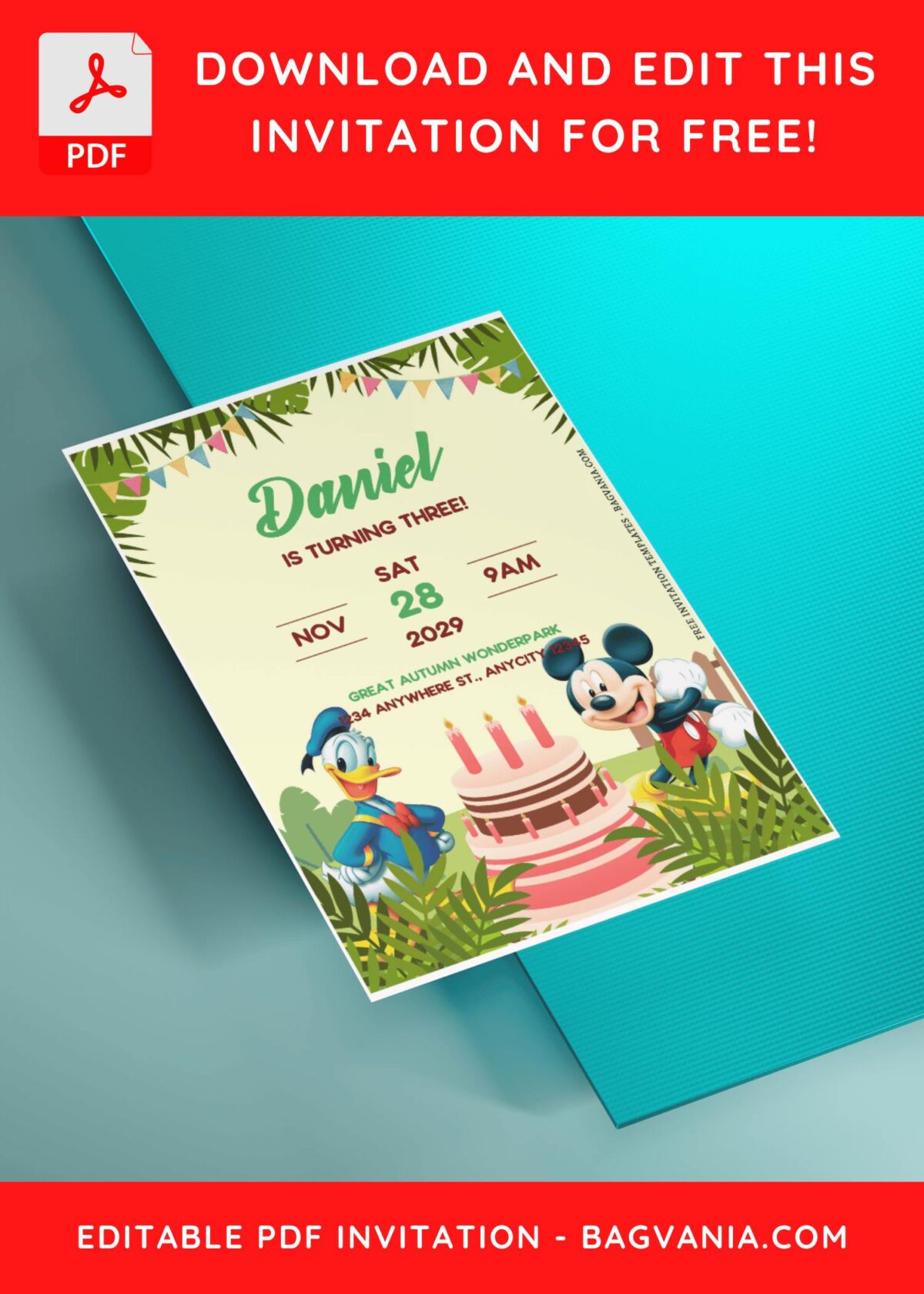 (Free Editable PDF) Mickey Mouse Jungle Surprise Birthday Invitation Templates J