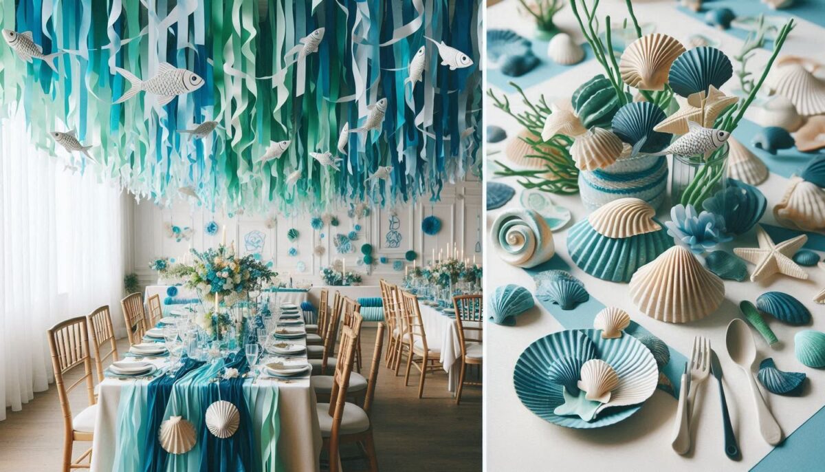 Streamers and Seashells party decor ideas for under the sea birthday party