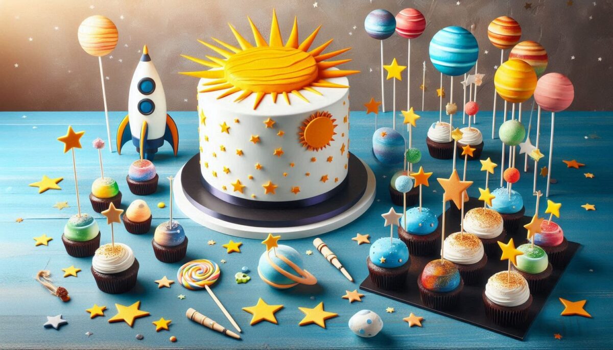 A simple round shaped Outer Space Birthday Cake surrounded with delicious cake pops