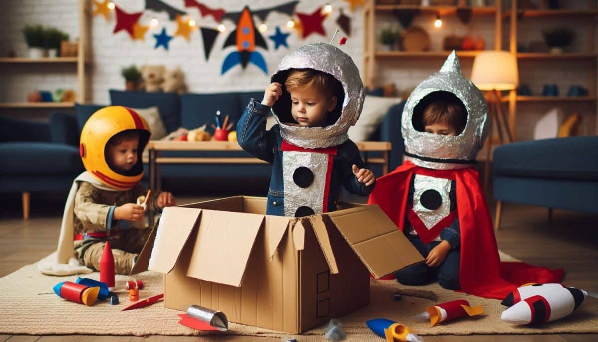 Adorable kids in Spacesuit made of Painted cardboards