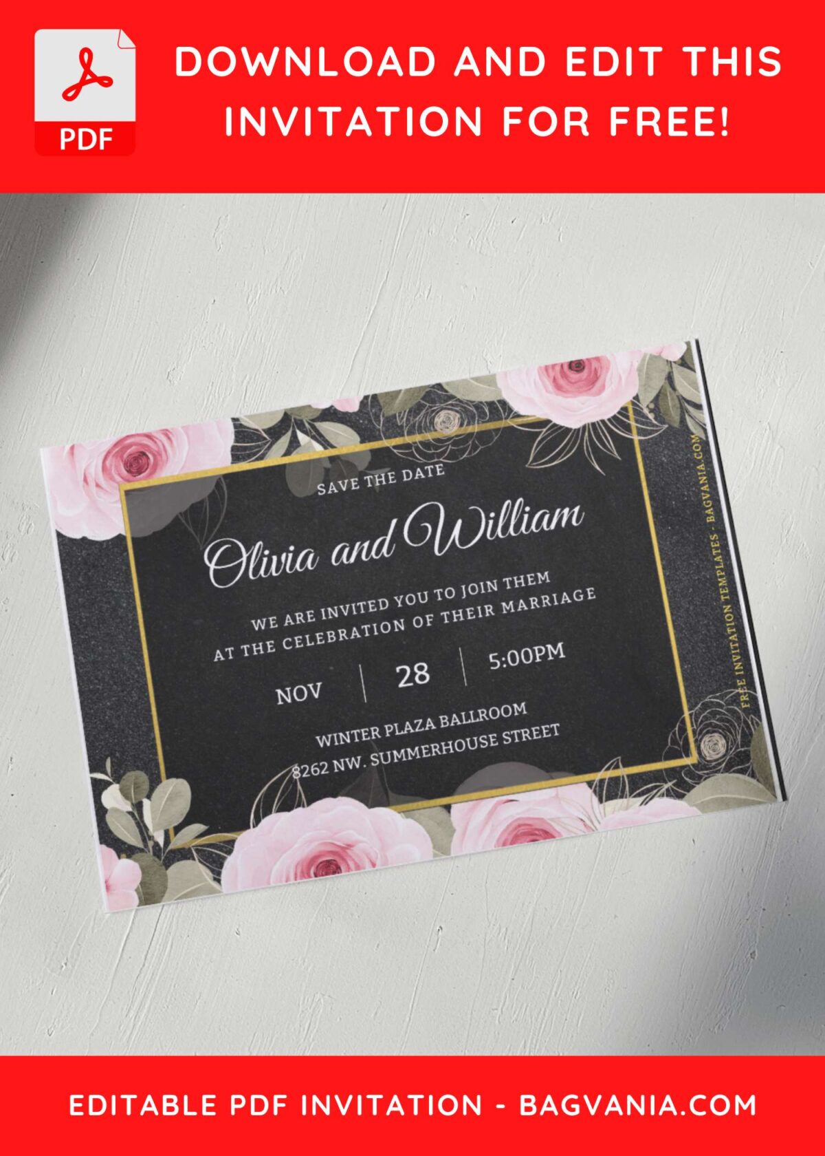 (Free Editable PDF) Classy Glitter Gold & Botanical Peony Wedding Invitation Templates A
