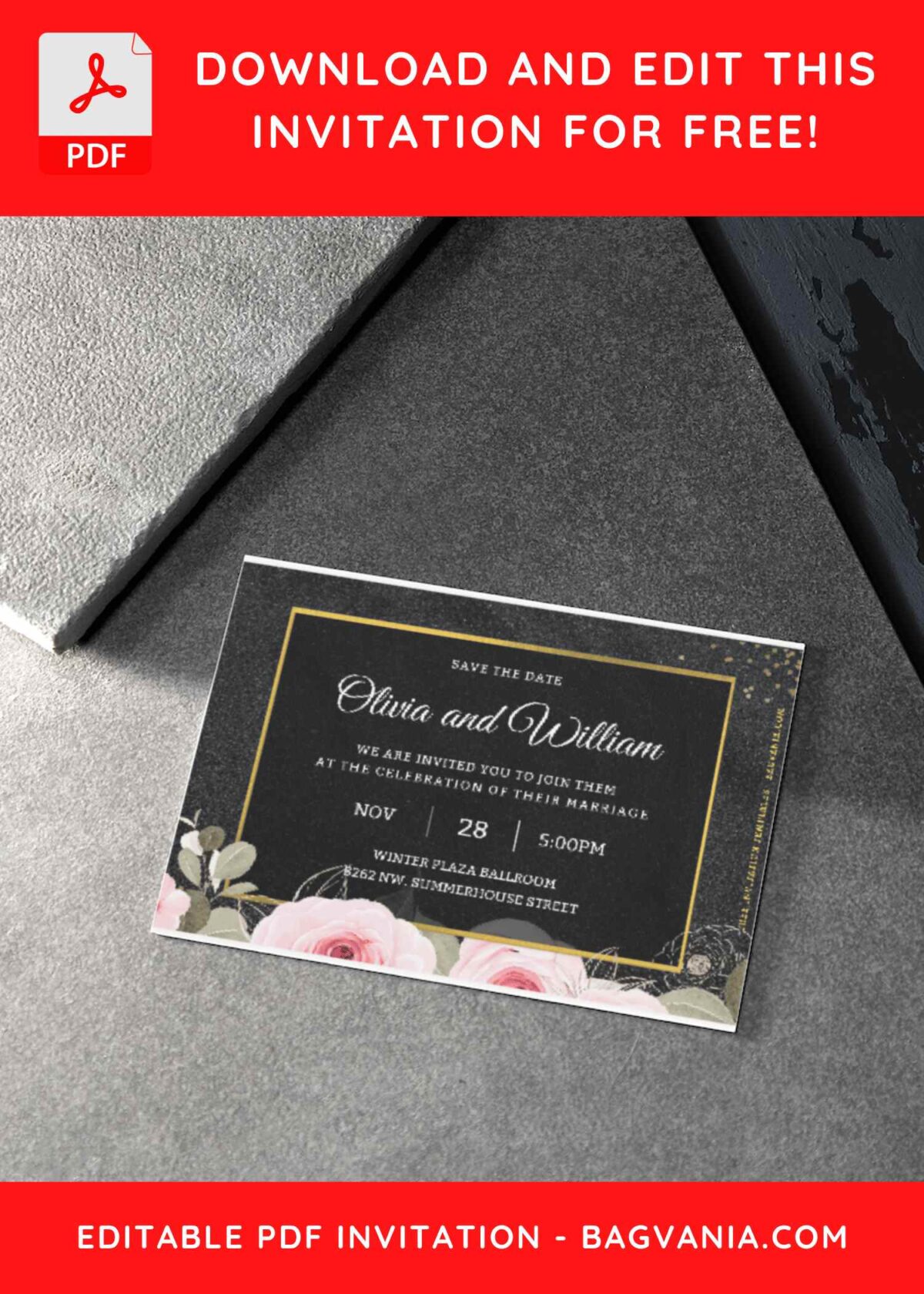 (Free Editable PDF) Classy Glitter Gold & Botanical Peony Wedding Invitation Templates B