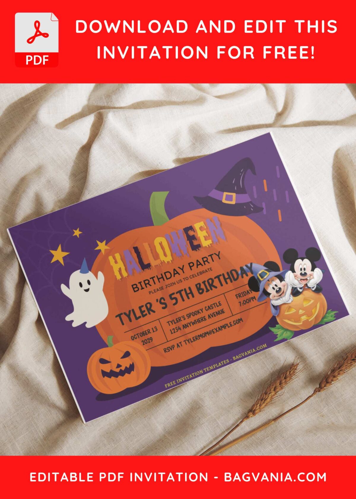 (Free Editable PDF) Jack O Lantern Mickey Mouse Birthday Invitation Templates C
