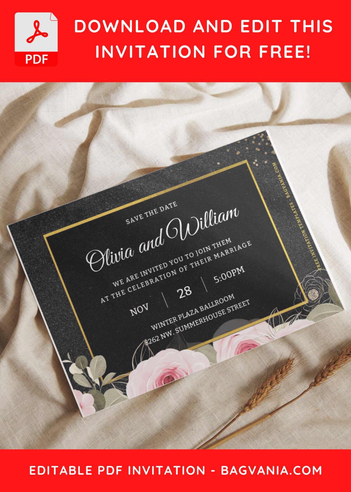 (Free Editable PDF) Classy Glitter Gold & Botanical Peony Wedding Invitation Templates C