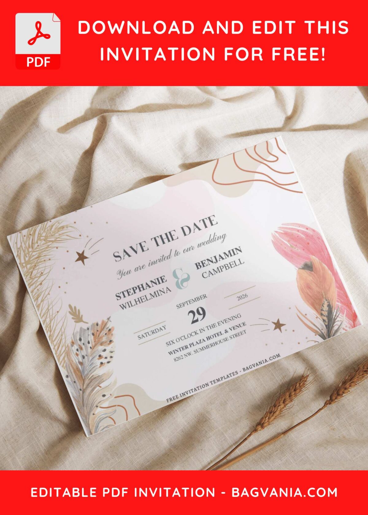 (Free Editable PDF) Aesthetic Earthy Bohemian Feather Wedding Invitation Templates I