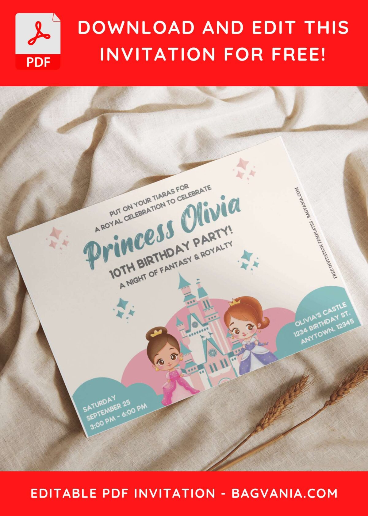 (Free Editable PDF) Adorable Twins Princess Birthday Invitation Templates C