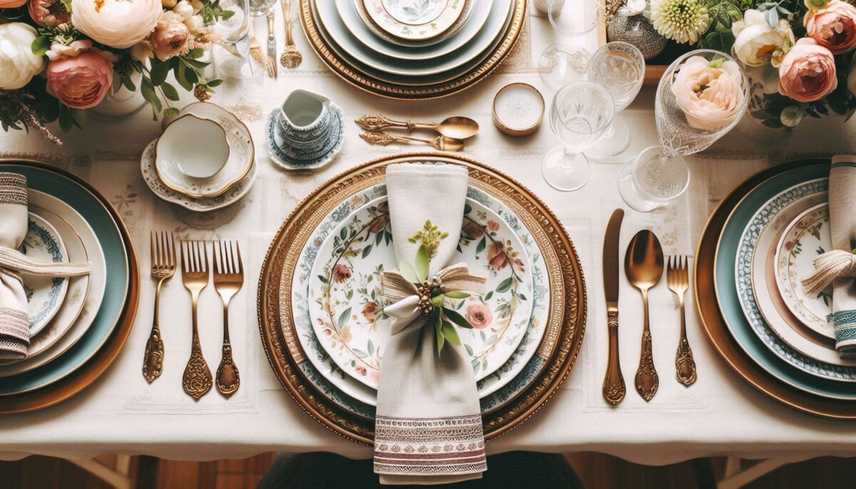 Enchanting Table Decor with Floral Centerpiece and Stylish Golden Cutlery