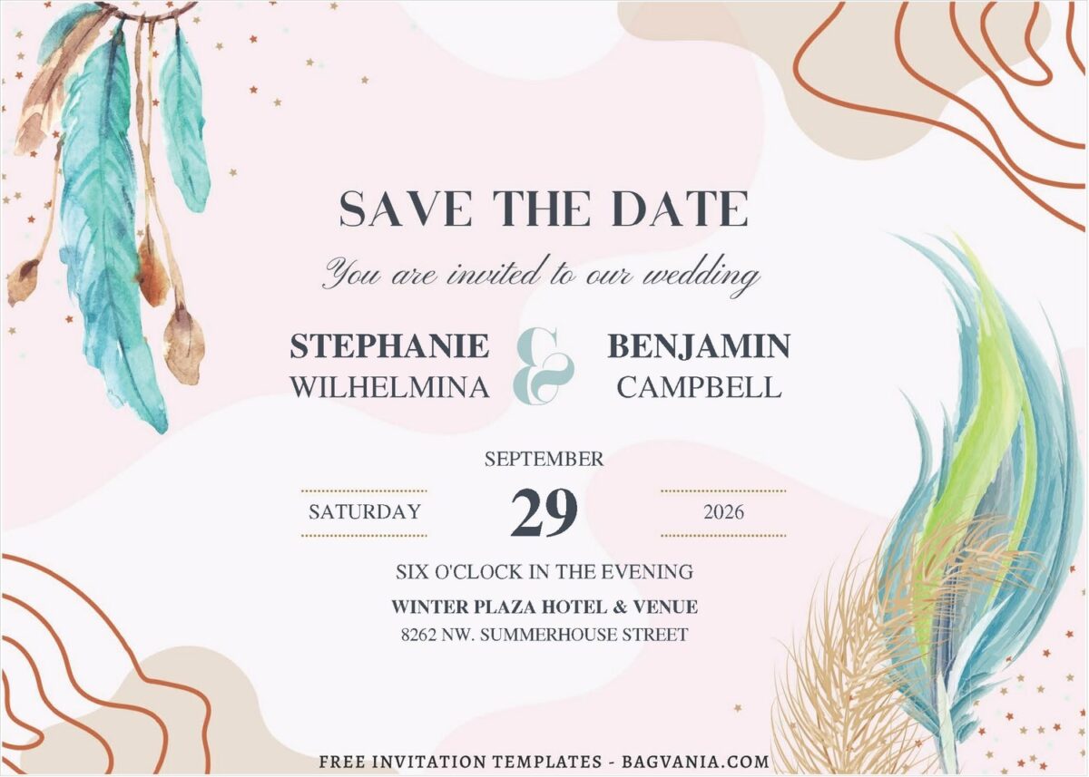 (Free Editable PDF) Aesthetic Earthy Bohemian Feather Wedding Invitation Templates J