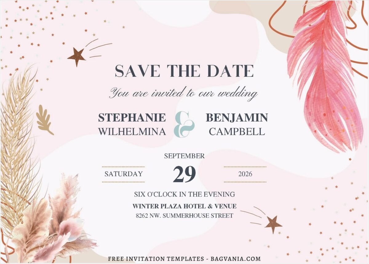 (Free Editable PDF) Aesthetic Earthy Bohemian Feather Wedding Invitation Templates A