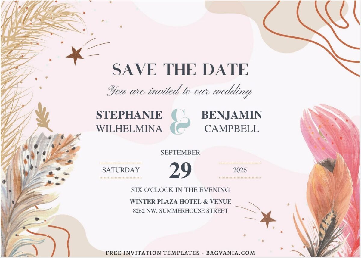 (Free Editable PDF) Aesthetic Earthy Bohemian Feather Wedding Invitation Templates B