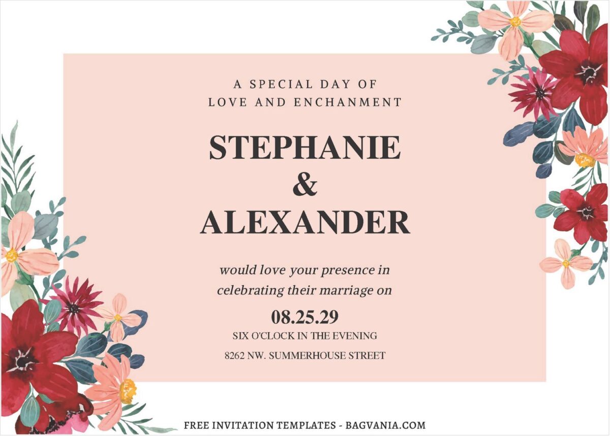 (Free Editable PDF) Botanical Floral Frame Wedding Invitation Templates B