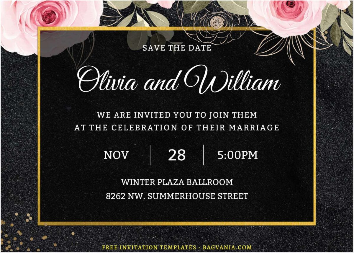 (Free Editable PDF) Classy Glitter Gold & Botanical Peony Wedding Invitation Templates D