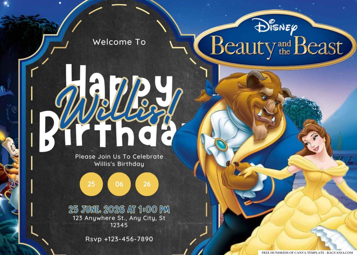 FREE Editable Beauty and the Beast Birthday Invitation 