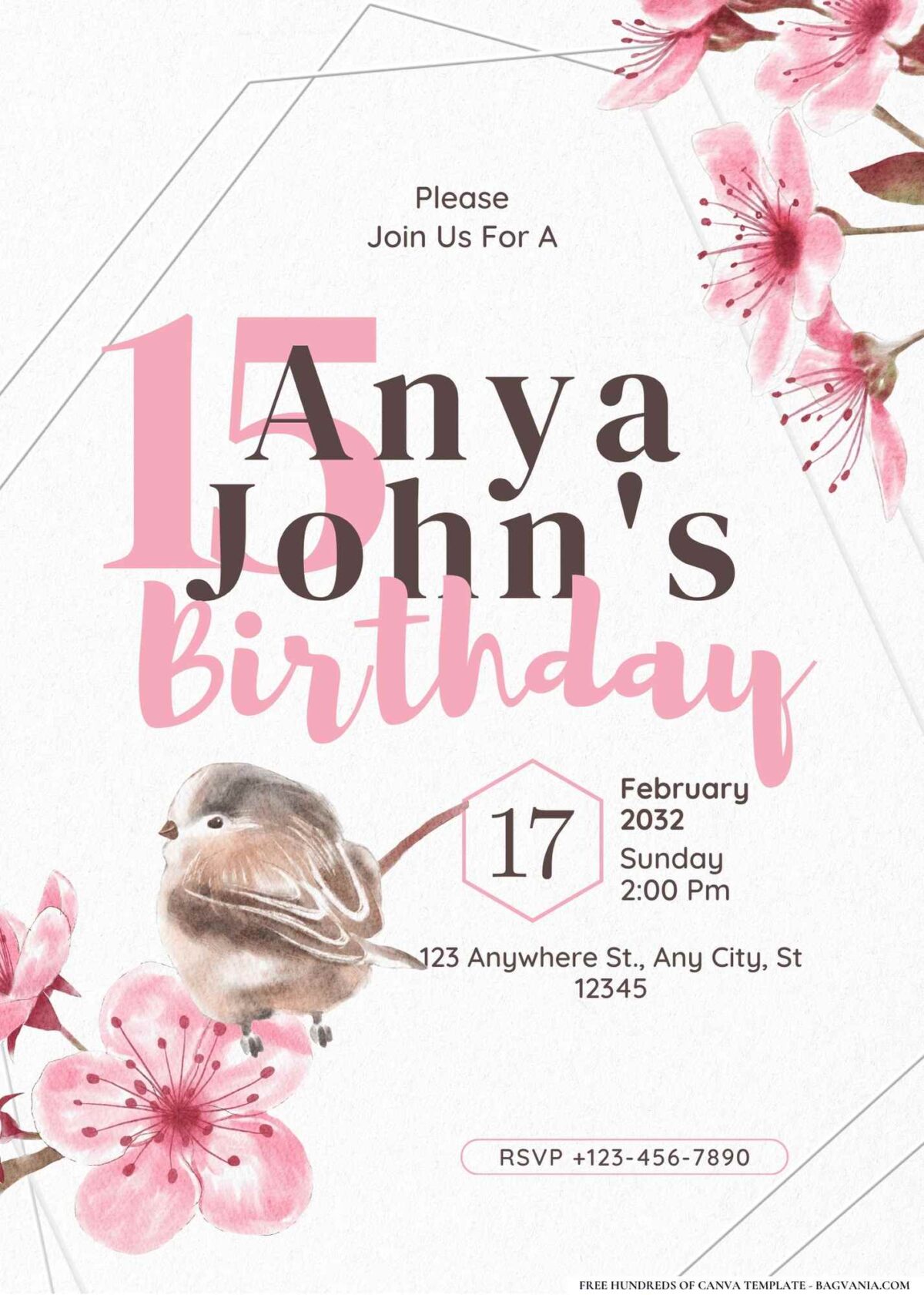 FREE Editable Cherry Blossom & Birds Birthday Invitation