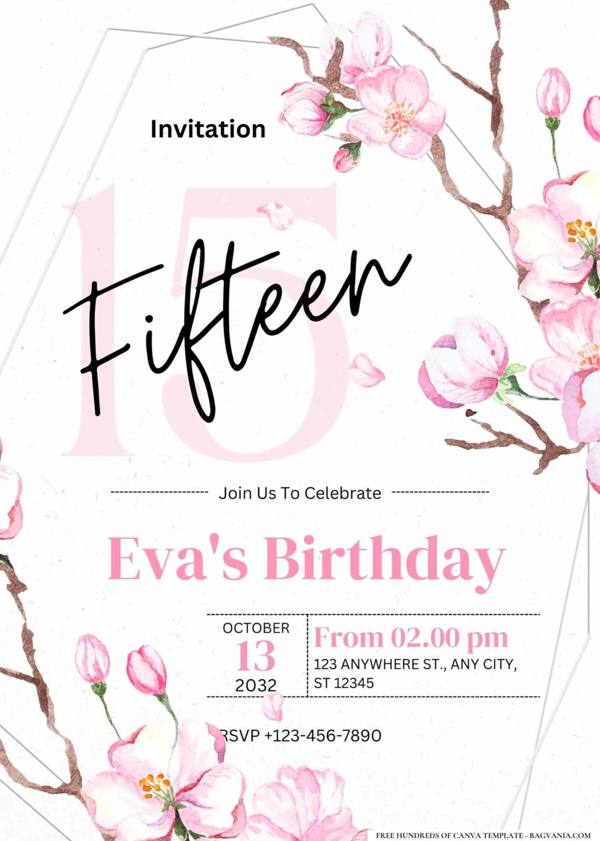 FREE Editable Delicate Pink Cherry Blossoms Birthday Invitation