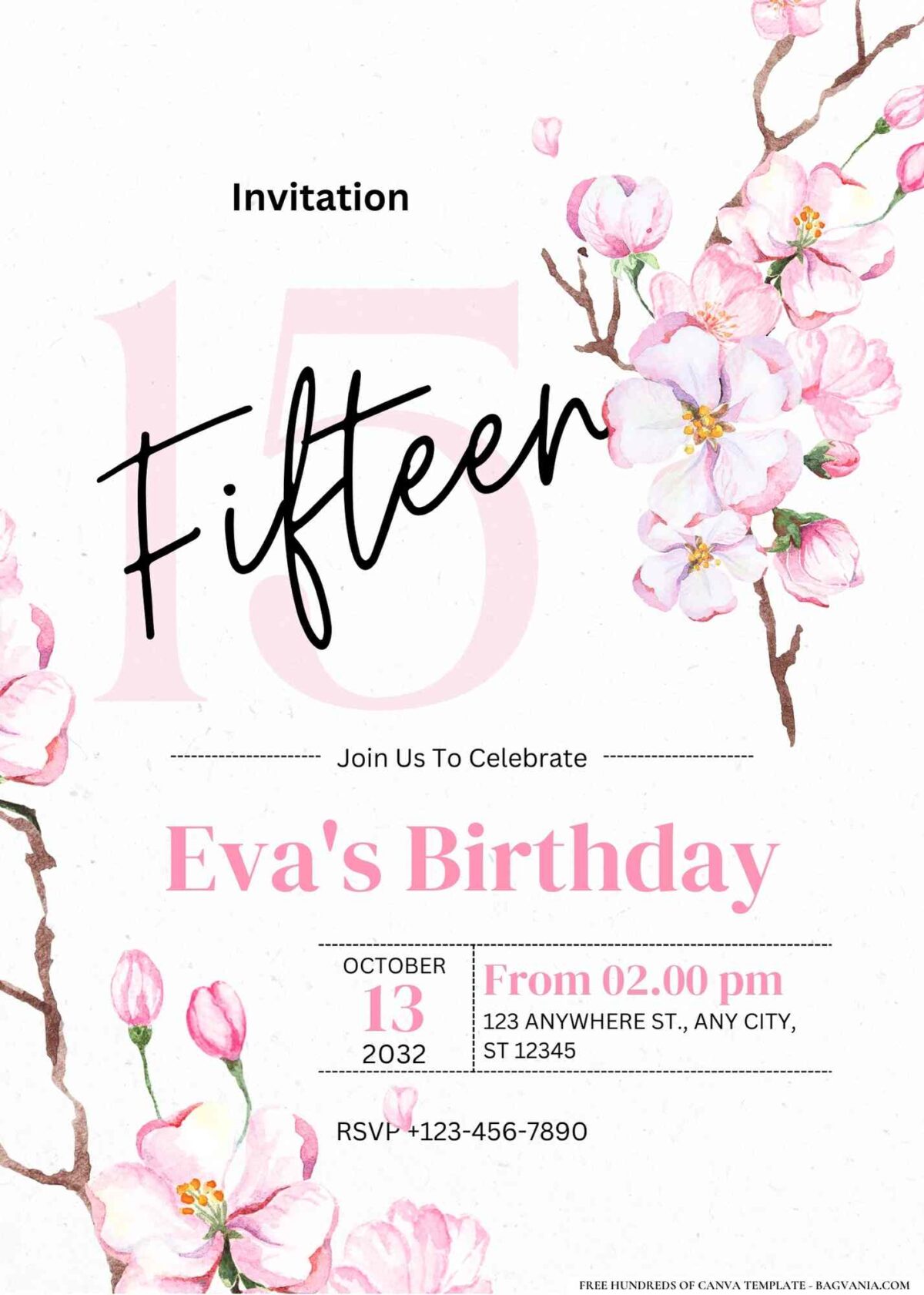 FREE Editable Delicate Pink Cherry Blossoms Birthday Invitation