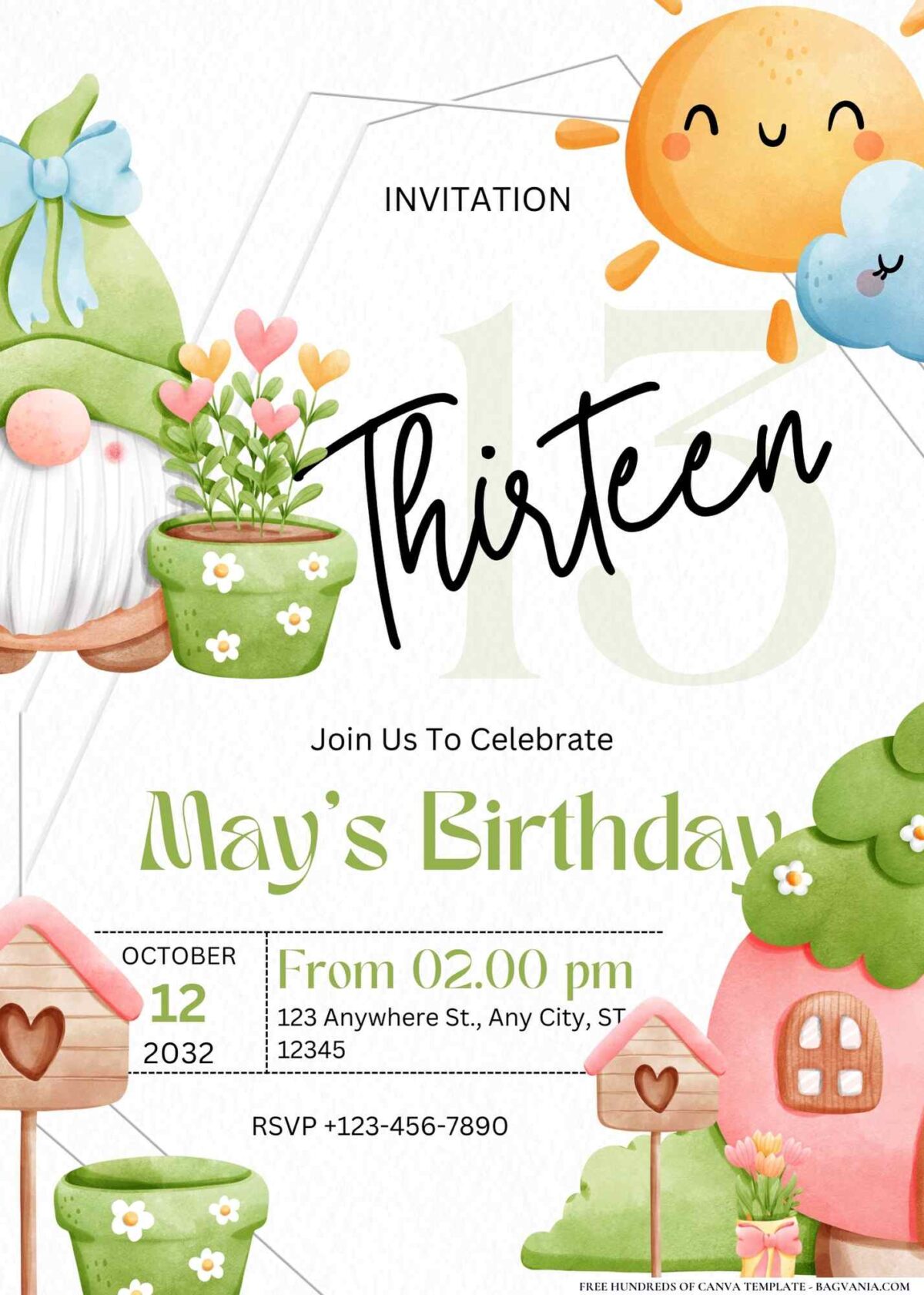 FREE Editable Garden Gnomes & Flowers Birthday Invitation