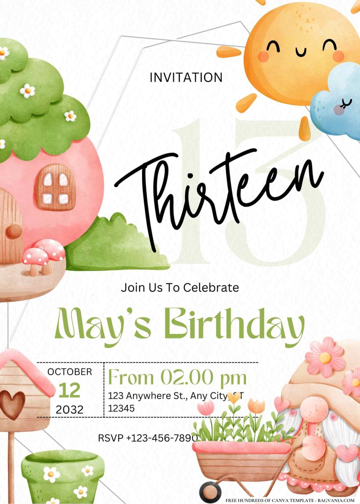 FREE Editable Garden Gnomes & Flowers Birthday Invitation