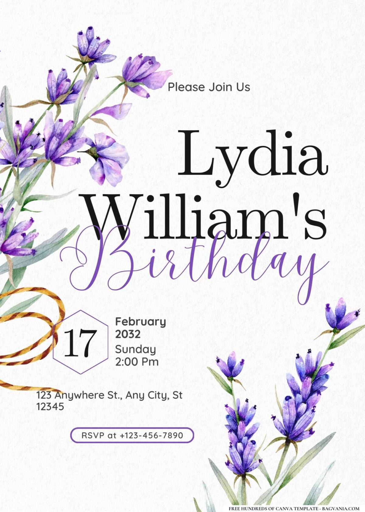FREE Editable Lavender Wreath Ribbon Birthday Invitation