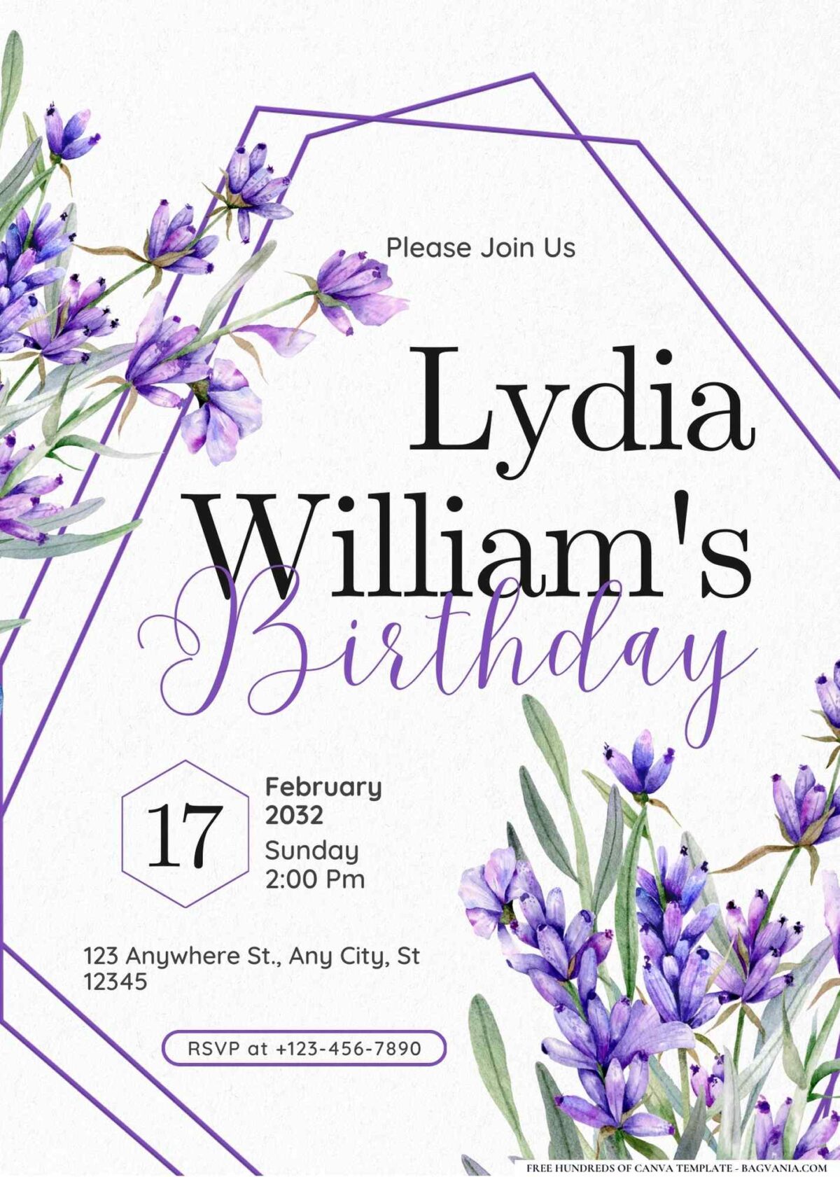 FREE Editable Lavender Wreath Ribbon Birthday Invitation