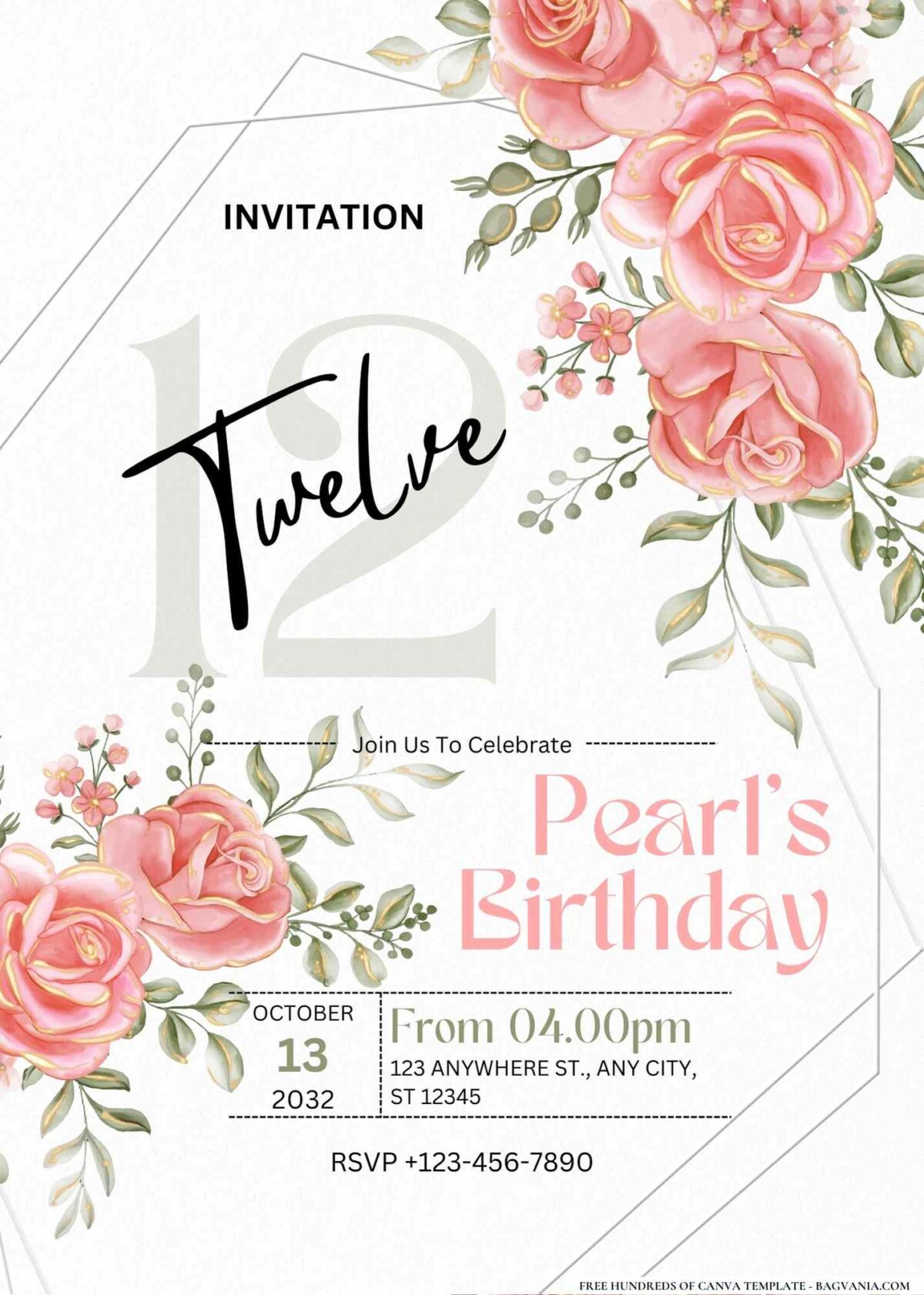 FREE Editable Pink Gold Rose Garden Birthday Invitation