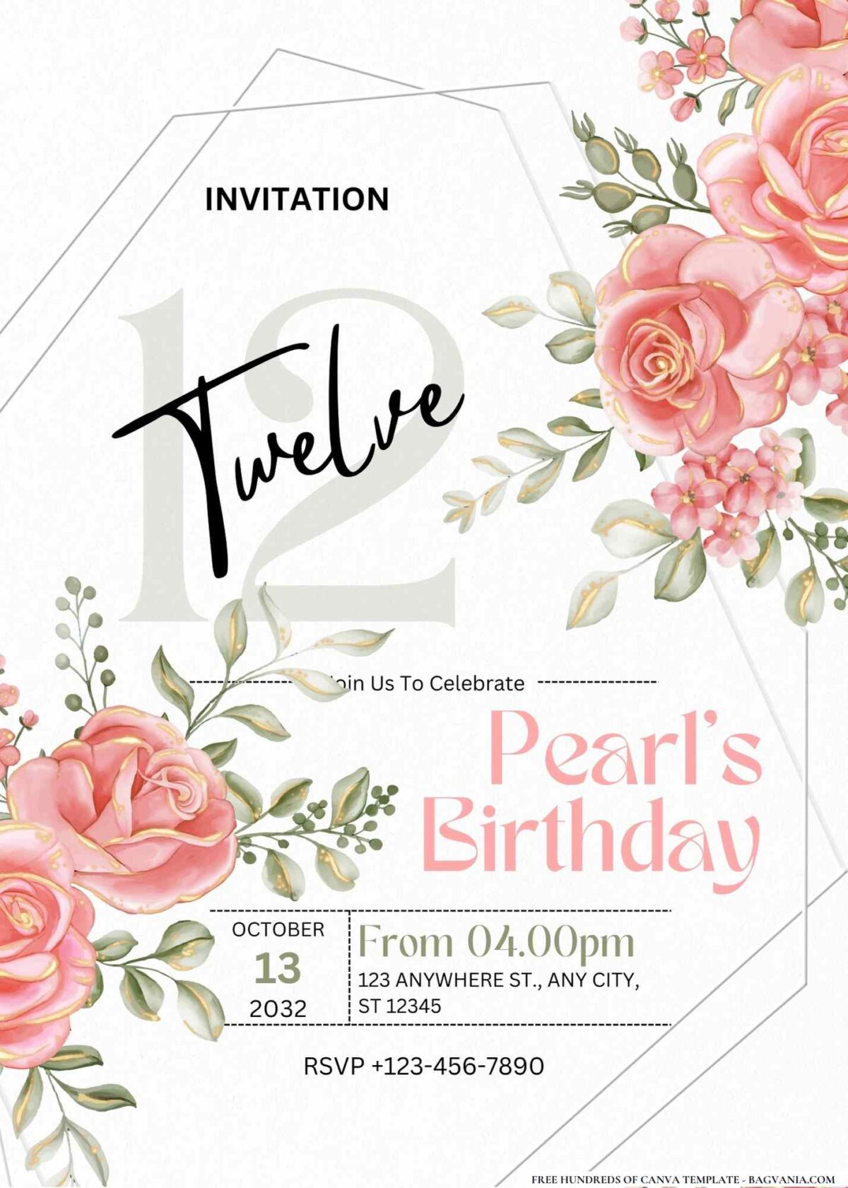 FREE Editable Pink Gold Rose Garden Birthday Invitation