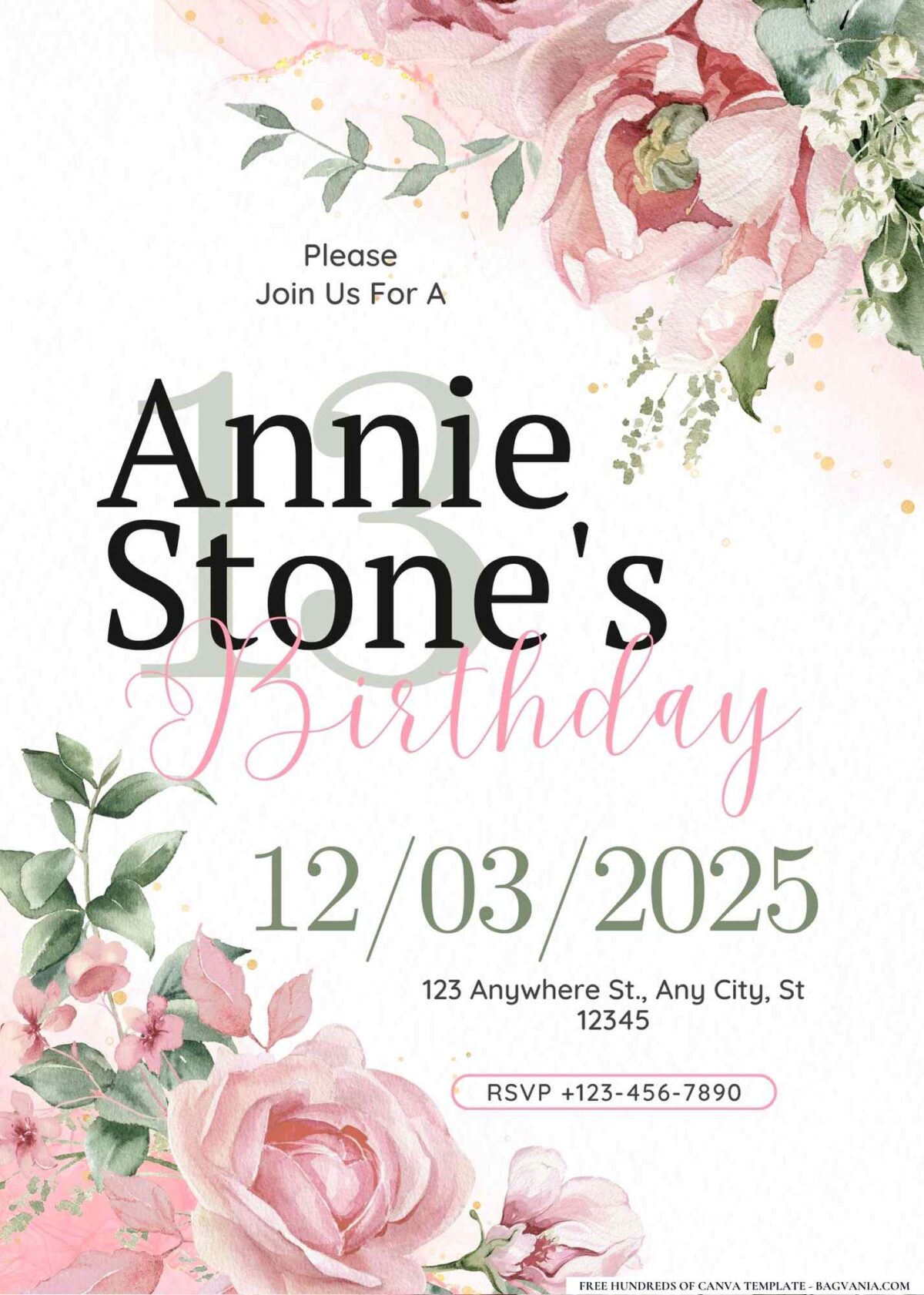 FREE Editable Rose Gold Blush Floral Birthday Invitation