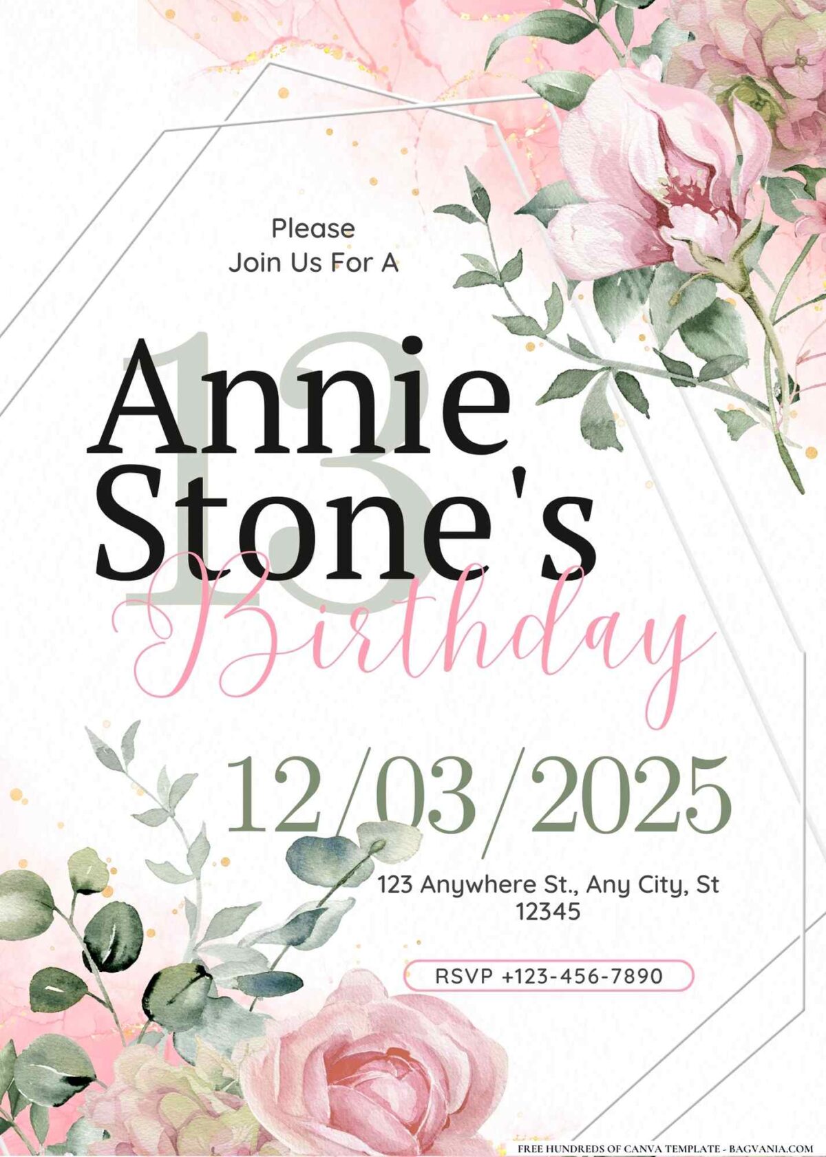 FREE Editable Rose Gold Blush Floral Birthday Invitation