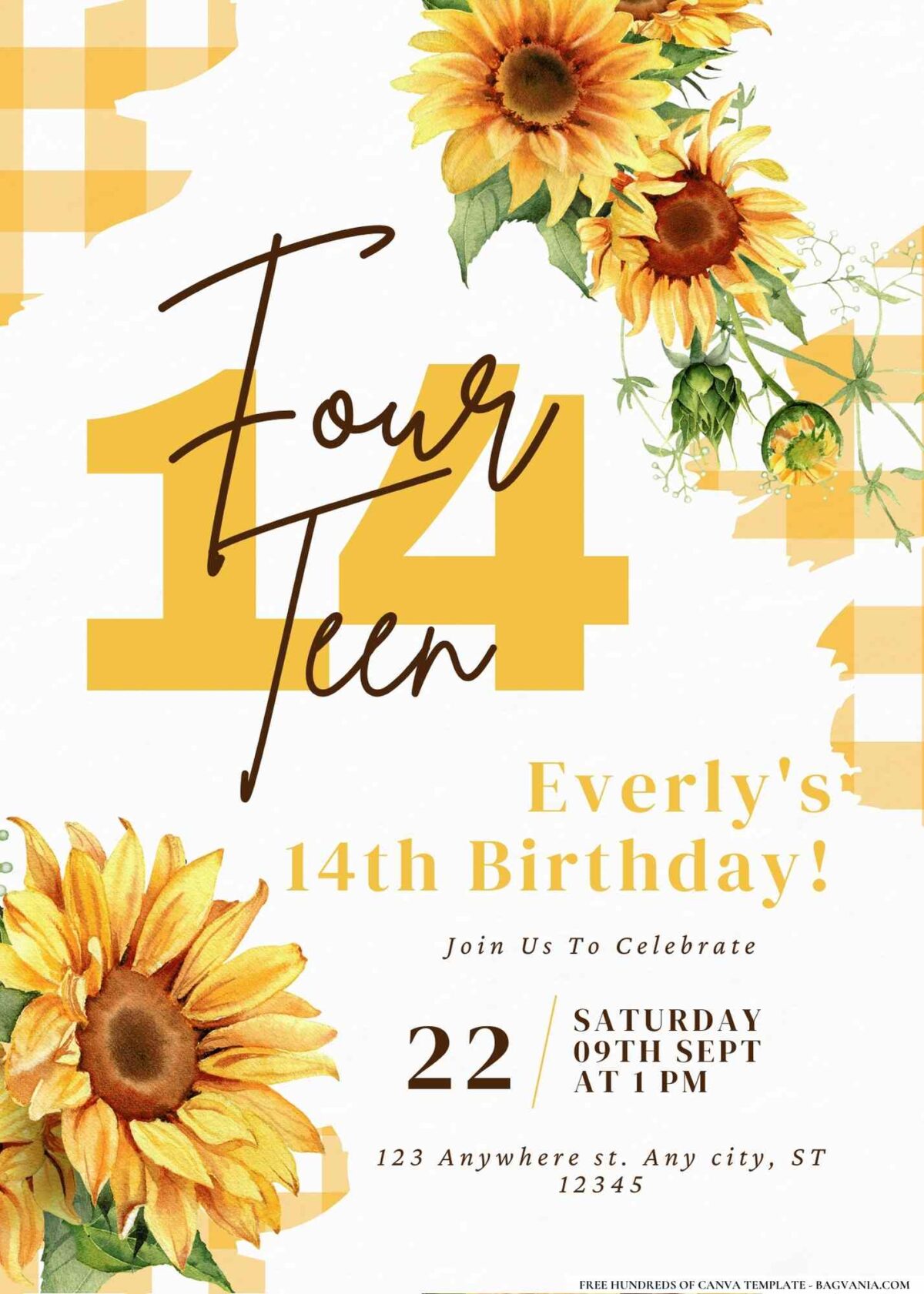 FREE Editable Sunflower Wreath Gingham Birthday Invitation