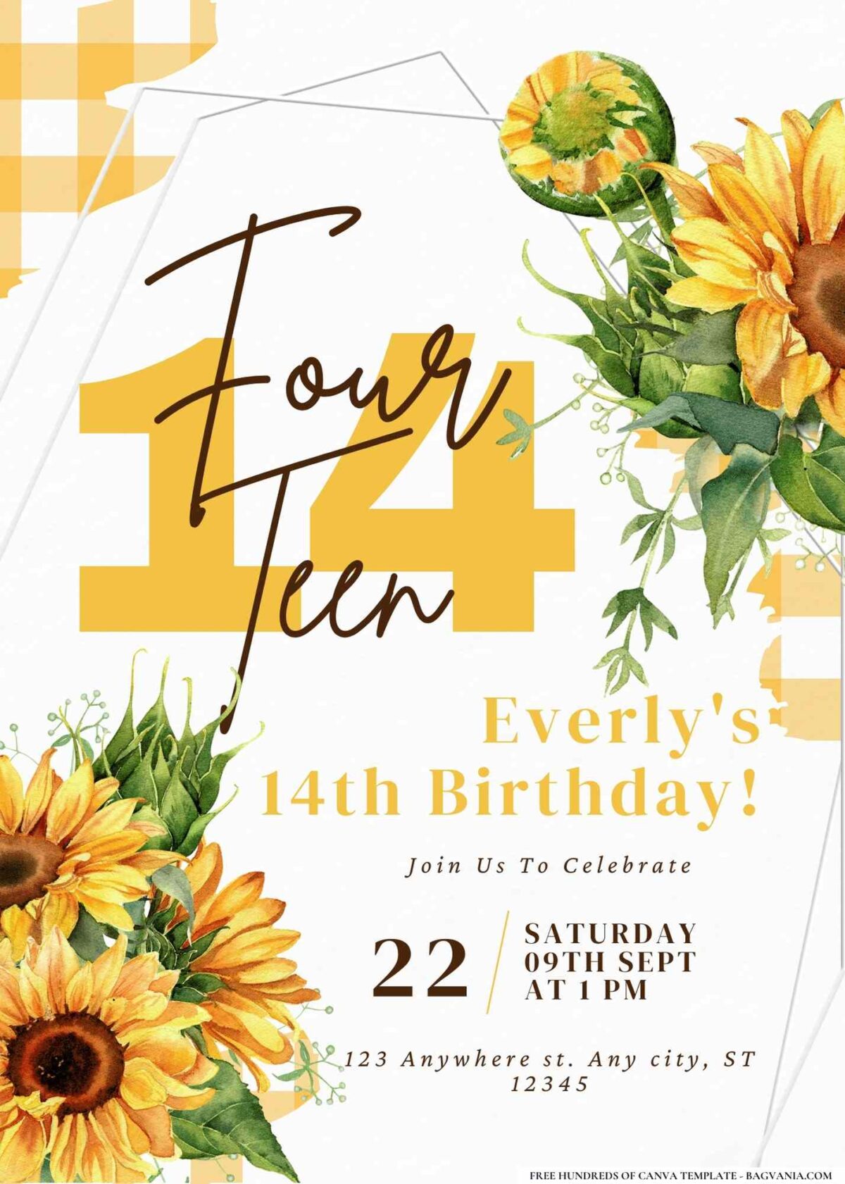 FREE Editable Sunflower Wreath Gingham Birthday Invitation