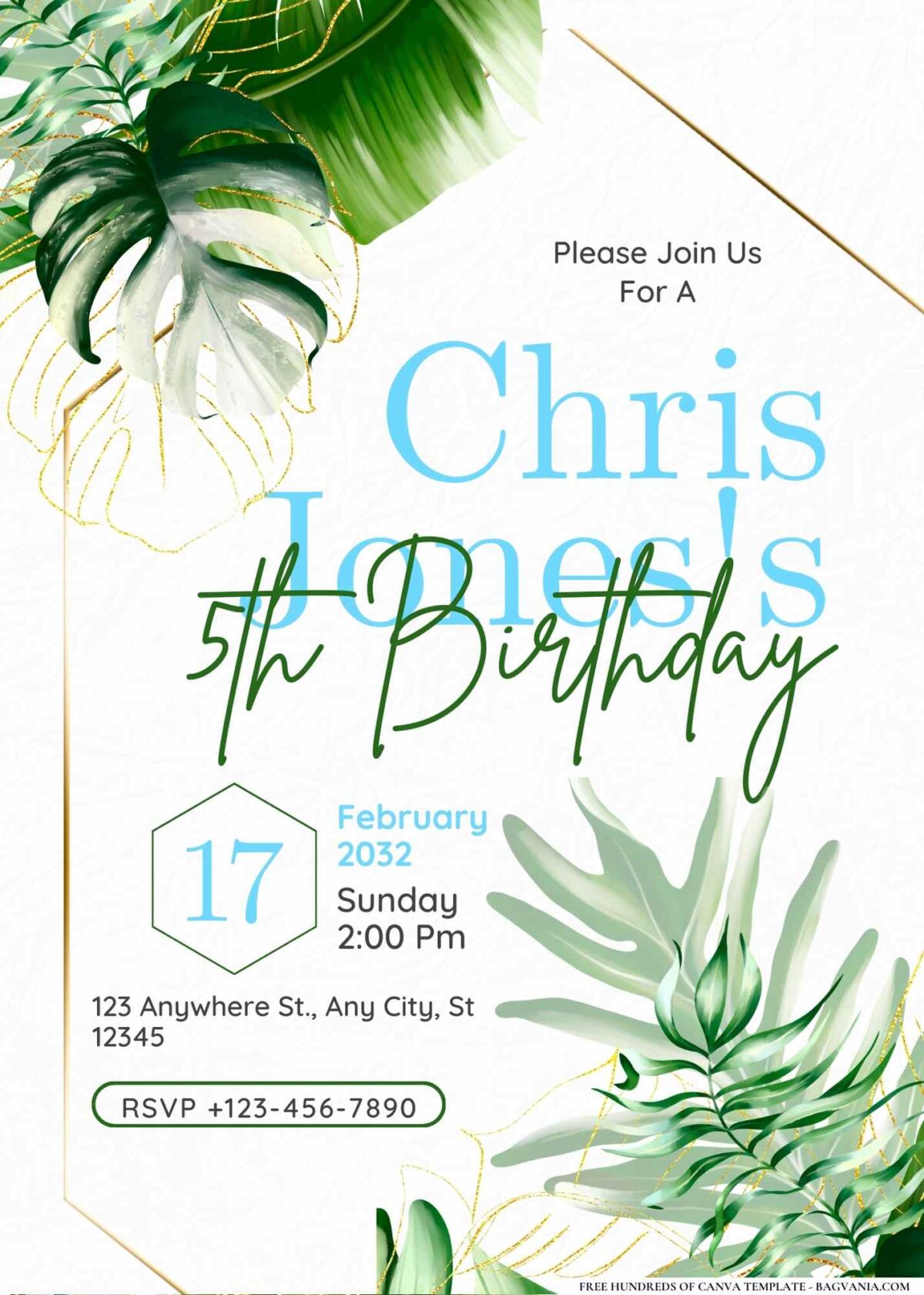 FREE Editable Tropical Hibiscus Palm Leaves Birthday Invitation