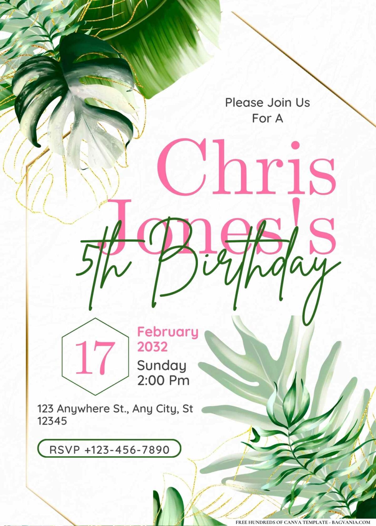 FREE Editable Tropical Hibiscus Palm Leaves Birthday Invitation