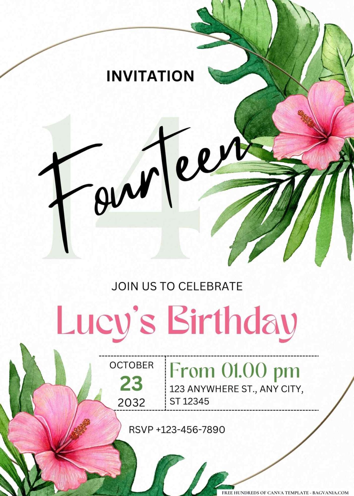 FREE Editable Tropical Luau Hibiscus Birthday Invitation