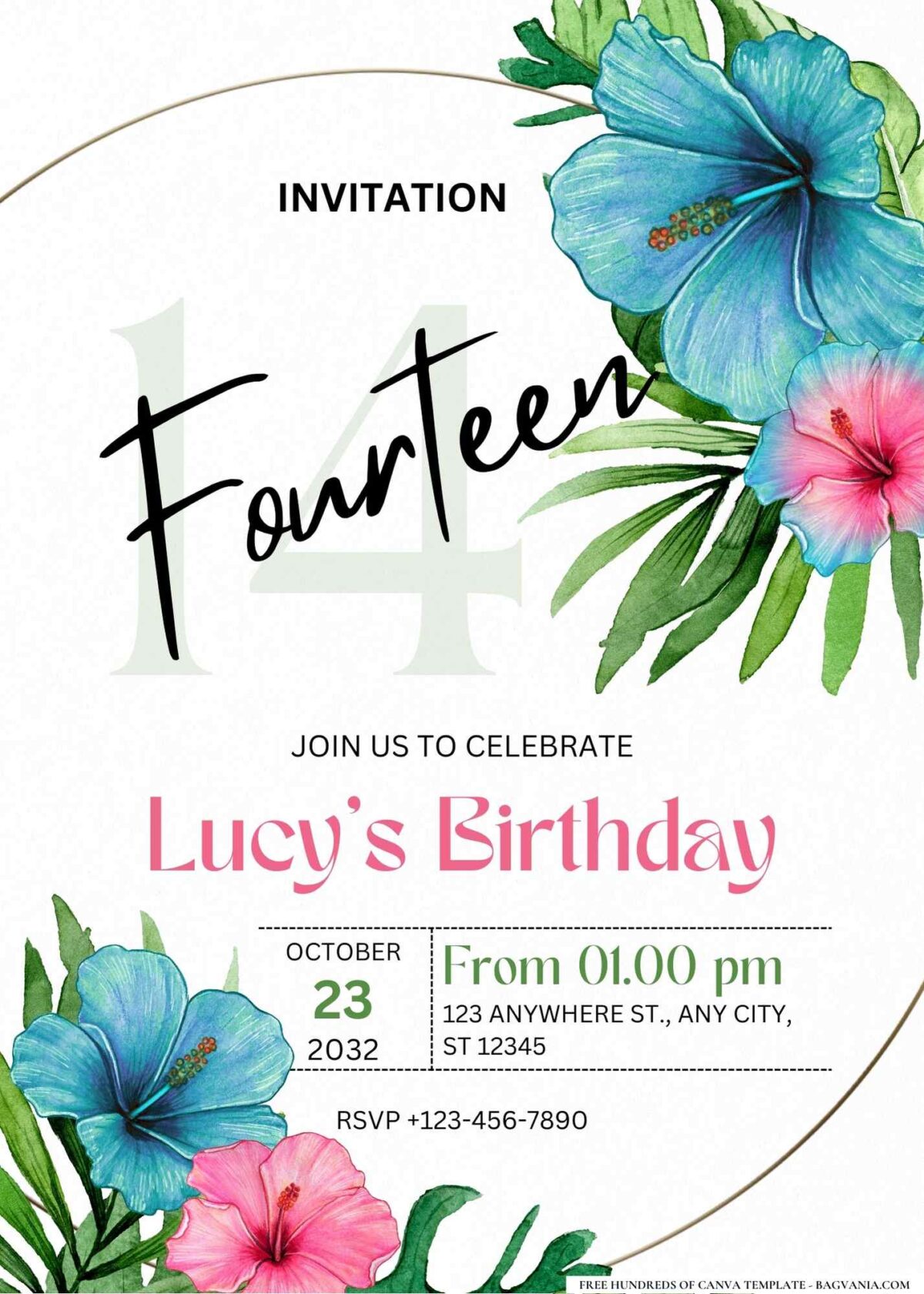 FREE Editable Tropical Luau Hibiscus Birthday Invitation