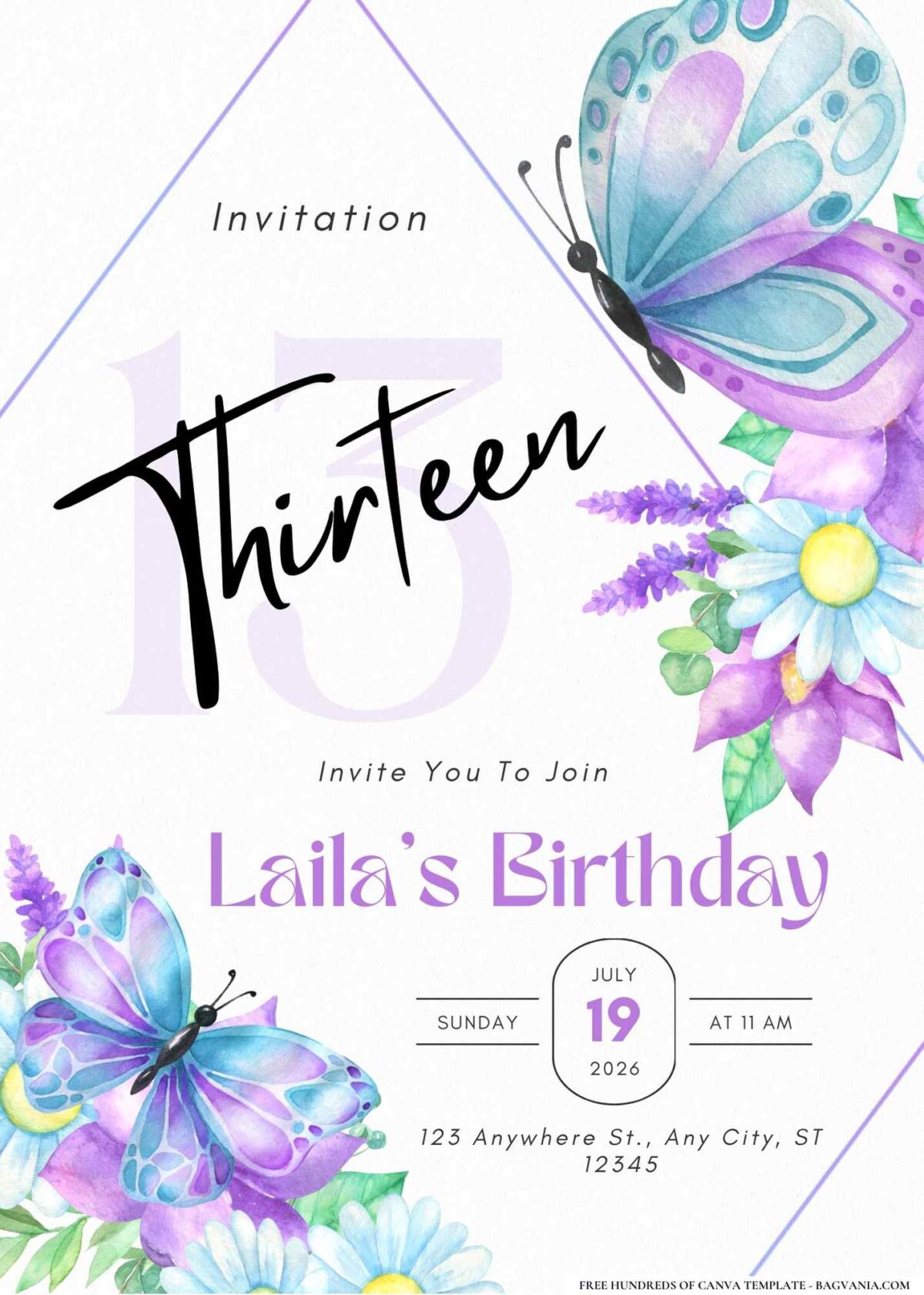 FREE Editable Watercolor Butterflies Birthday Invitation