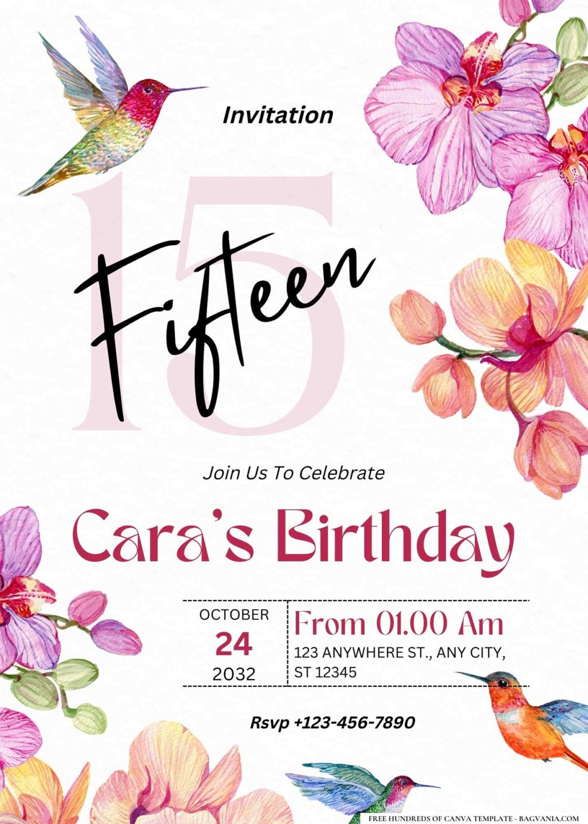 FREE Editable Watercolor Hummingbirds Flowers Birthday Invitation
